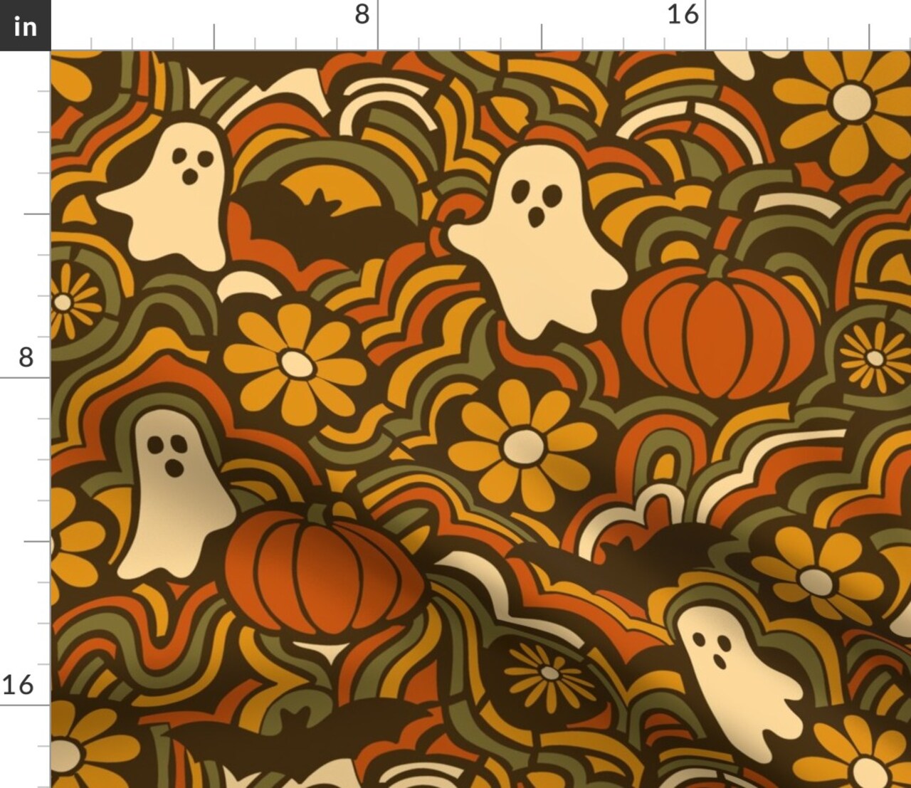 Groovy Ghosts Retro Brown Orange Floral Psychedelic Pumpkins Bats Fall Autumn Custom Printed Fabric by Spoonflower Various Fabrics by the Yard or Fat Quarter